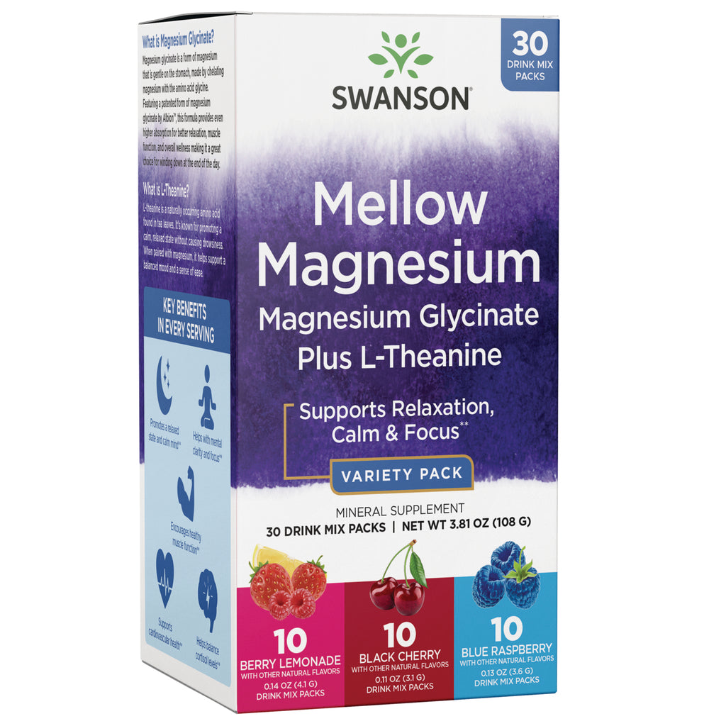 SW1986 | Swanson Mellow Magnesium Glycinate plus L-Theanine variety pack box, 30 drink mix packs, supports relaxation - Thumbnail