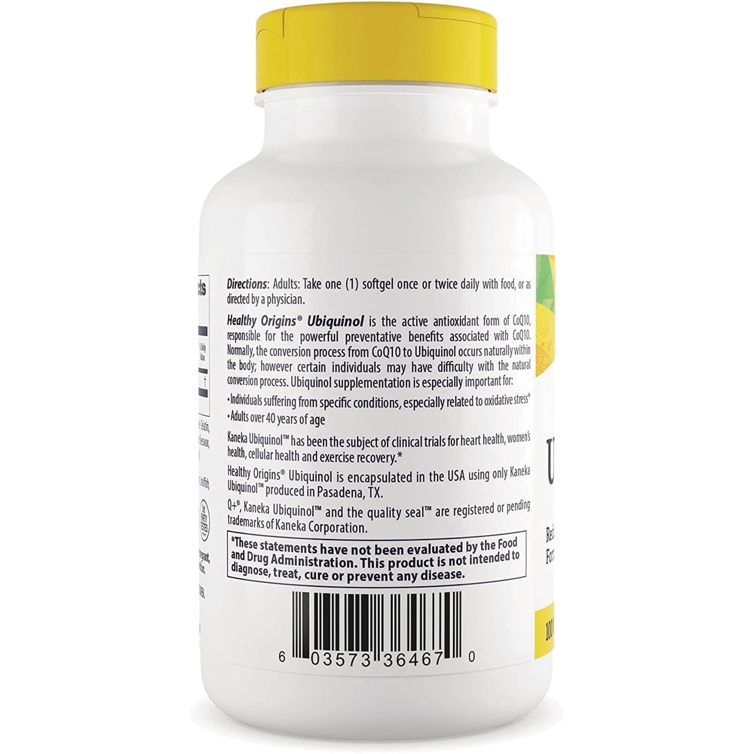 HRG007 | Back label of supplement bottle showing directions, ingredient information and barcode, white bottle with yellow cap