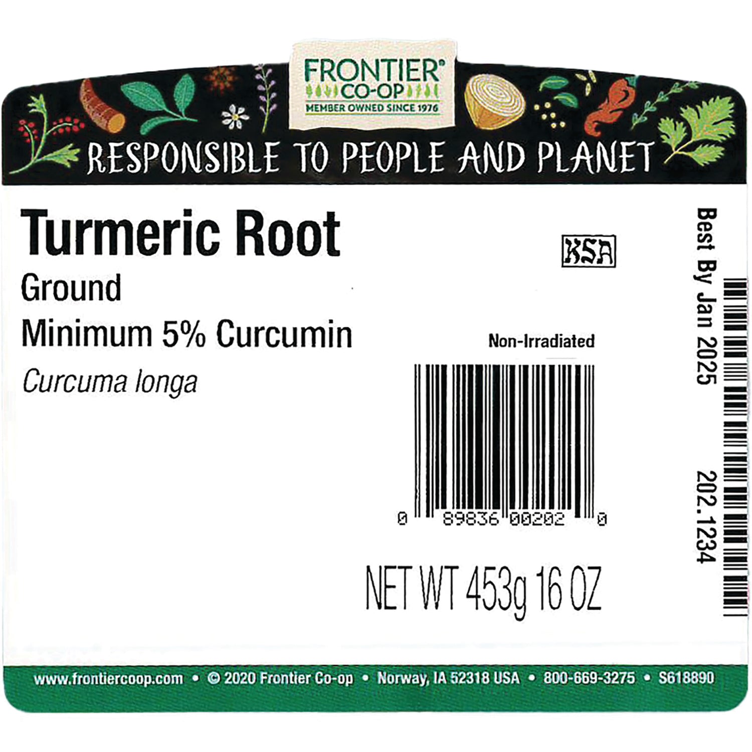 FNP361 | Back label of Frontier Co-op Turmeric Root ground, Minimum 5% Curcumin, barcode and NET WT 453g 16 OZ