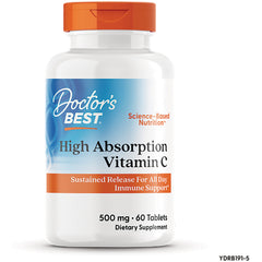 DB165 | Doctor's Best High Absorption Vitamin C bottle, 500 mg 60 tablets, white bottle with orange cap front label