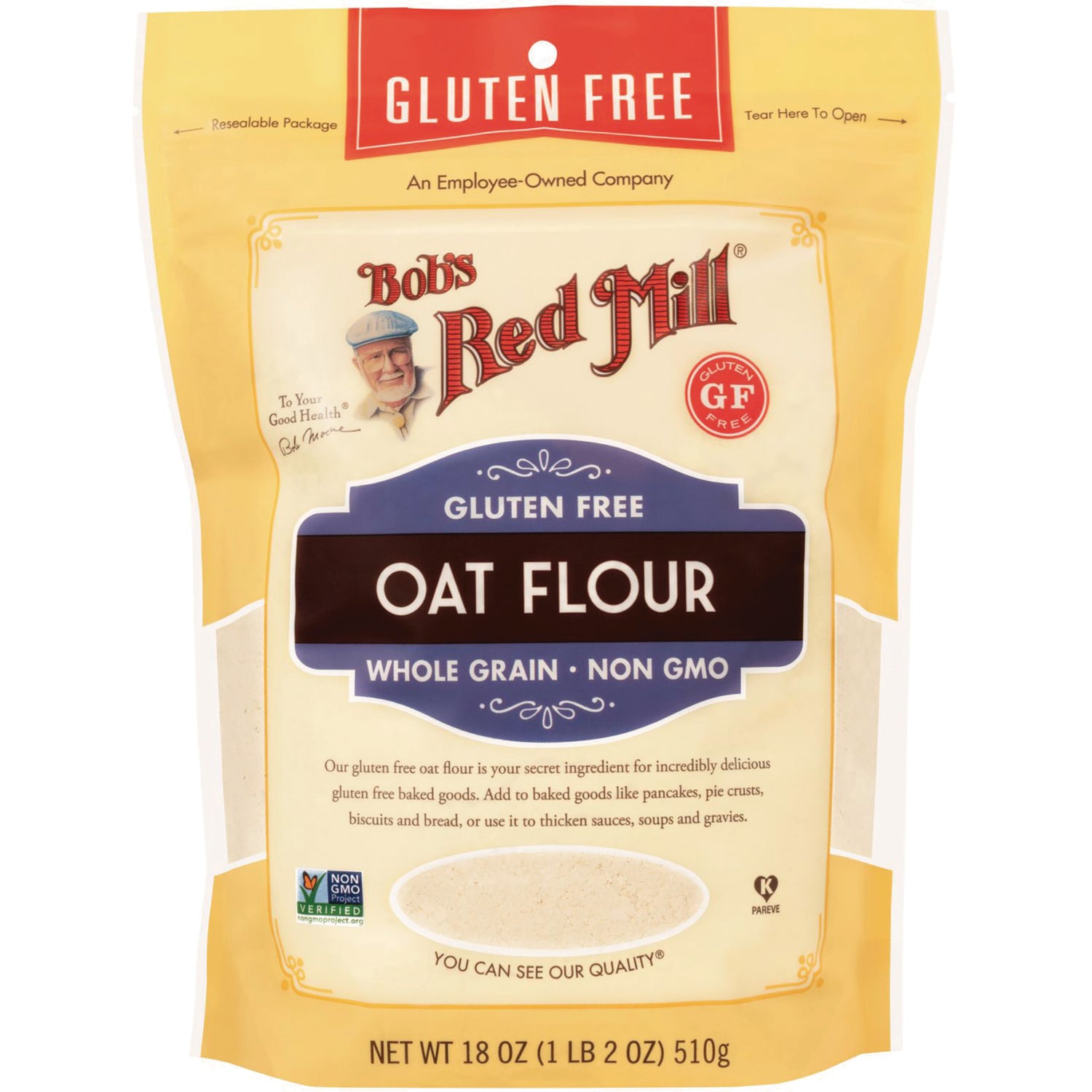 BOB431 | Bob's Red Mill gluten free oat flour pouch, whole grain non GMO front packaging showing net wt 18 oz