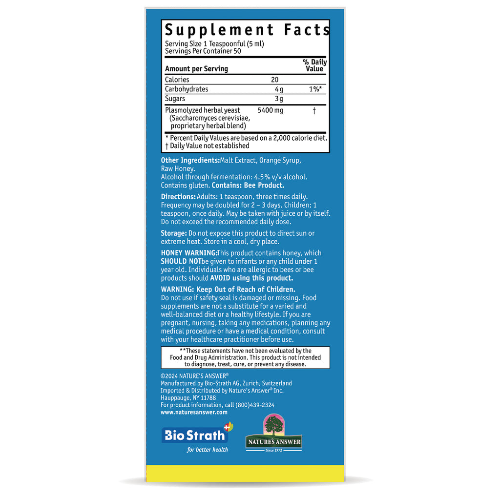 NAT416 | back label showing Supplement Facts, ingredients, directions, honey warning and BioStrath and Nature's Answer logos - Thumbnail