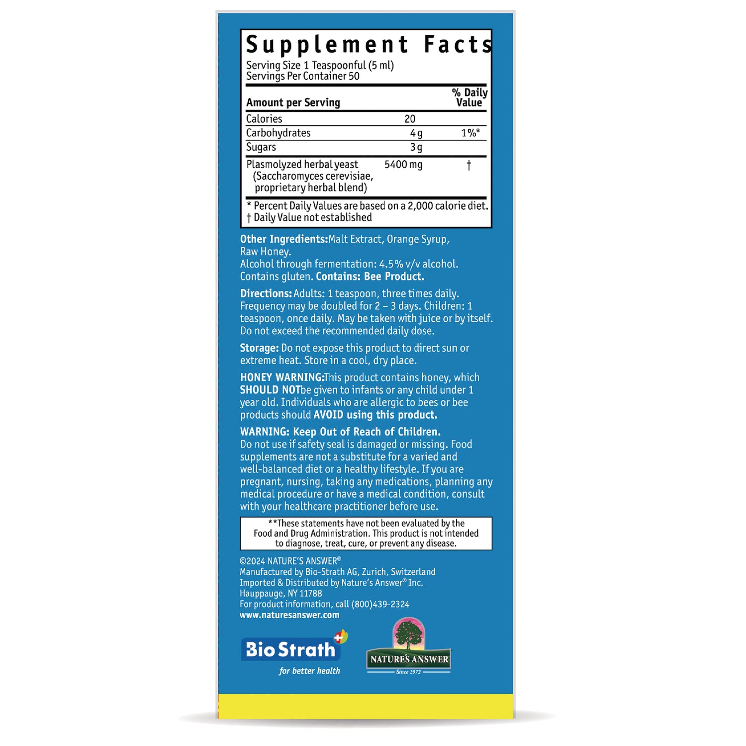 NAT416 | back label showing Supplement Facts, ingredients, directions, honey warning and BioStrath and Nature's Answer logos