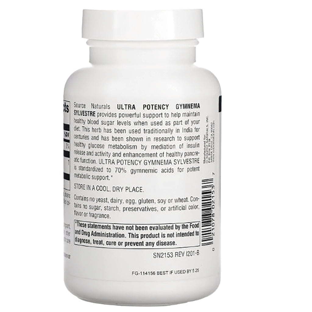 SN654 | Back label of Source Naturals Ultra Potency Gymnema Sylvestre bottle with product info and barcode - Thumbnail
