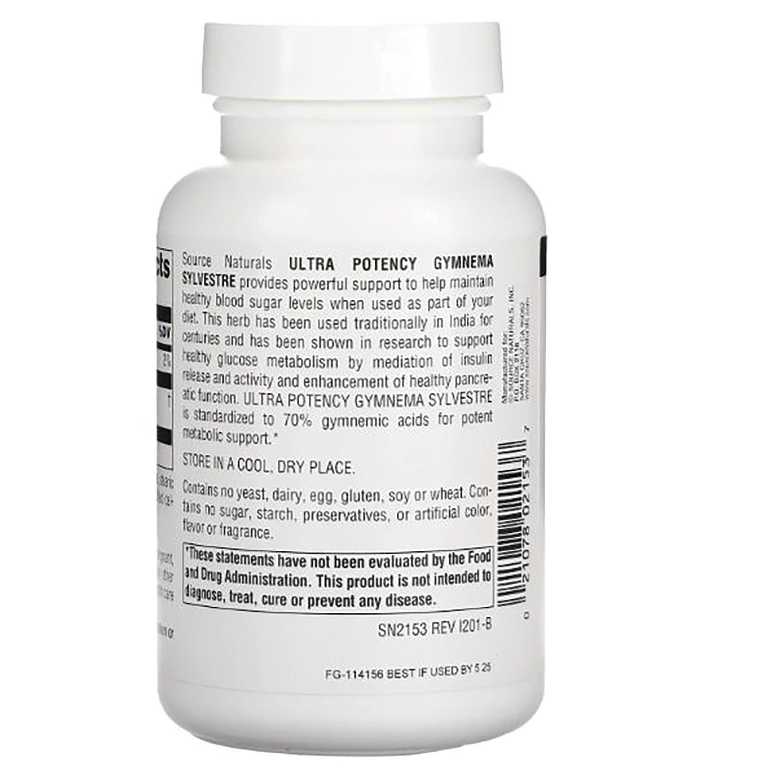 SN654 | Back label of Source Naturals Ultra Potency Gymnema Sylvestre bottle with product info and barcode