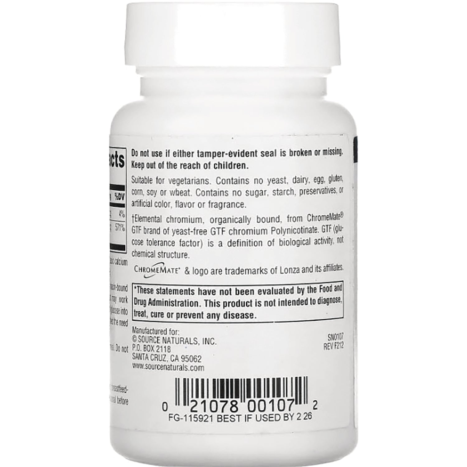 SN663 | Supplement bottle back label with warnings, manufacturer info, barcode, and Best If Used By 2/26
