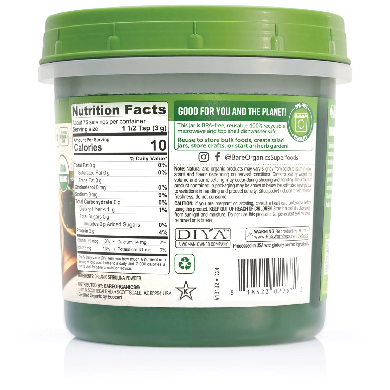 BOR007 | Back of green jar showing Nutrition Facts panel, barcode, recycling symbol and product information label