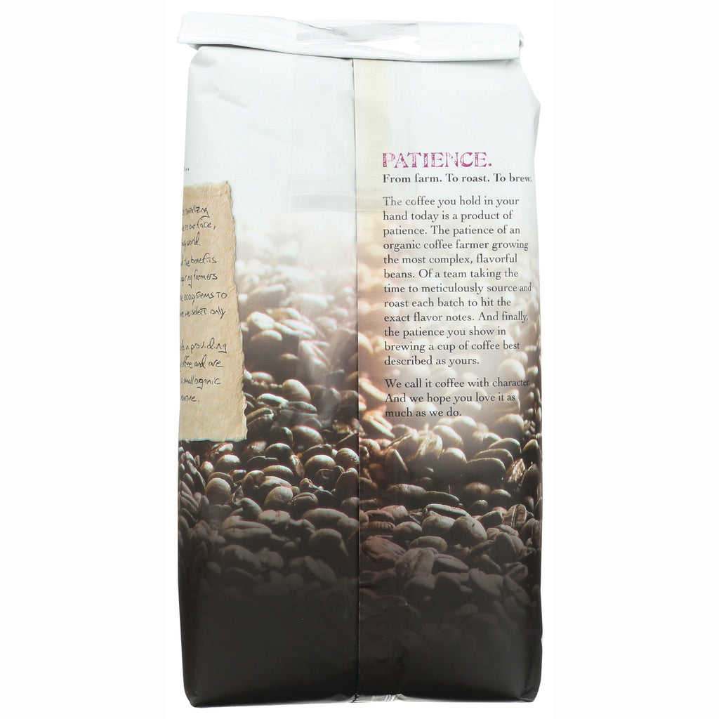 JOC004 | Back of coffee bag showing roasted beans and a vertical text panel beginning PATIENCE describing the coffee - Thumbnail