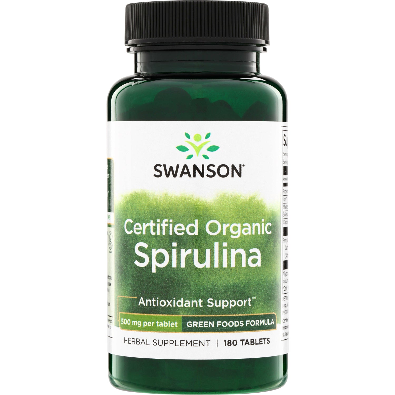 SWR044 | Swanson Certified Organic Spirulina green bottle label, antioxidant support, 500 mg per tablet, 180 tablets