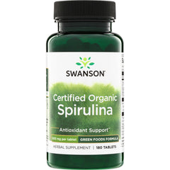 SWR044 | Swanson Certified Organic Spirulina green bottle label, antioxidant support, 500 mg per tablet, 180 tablets