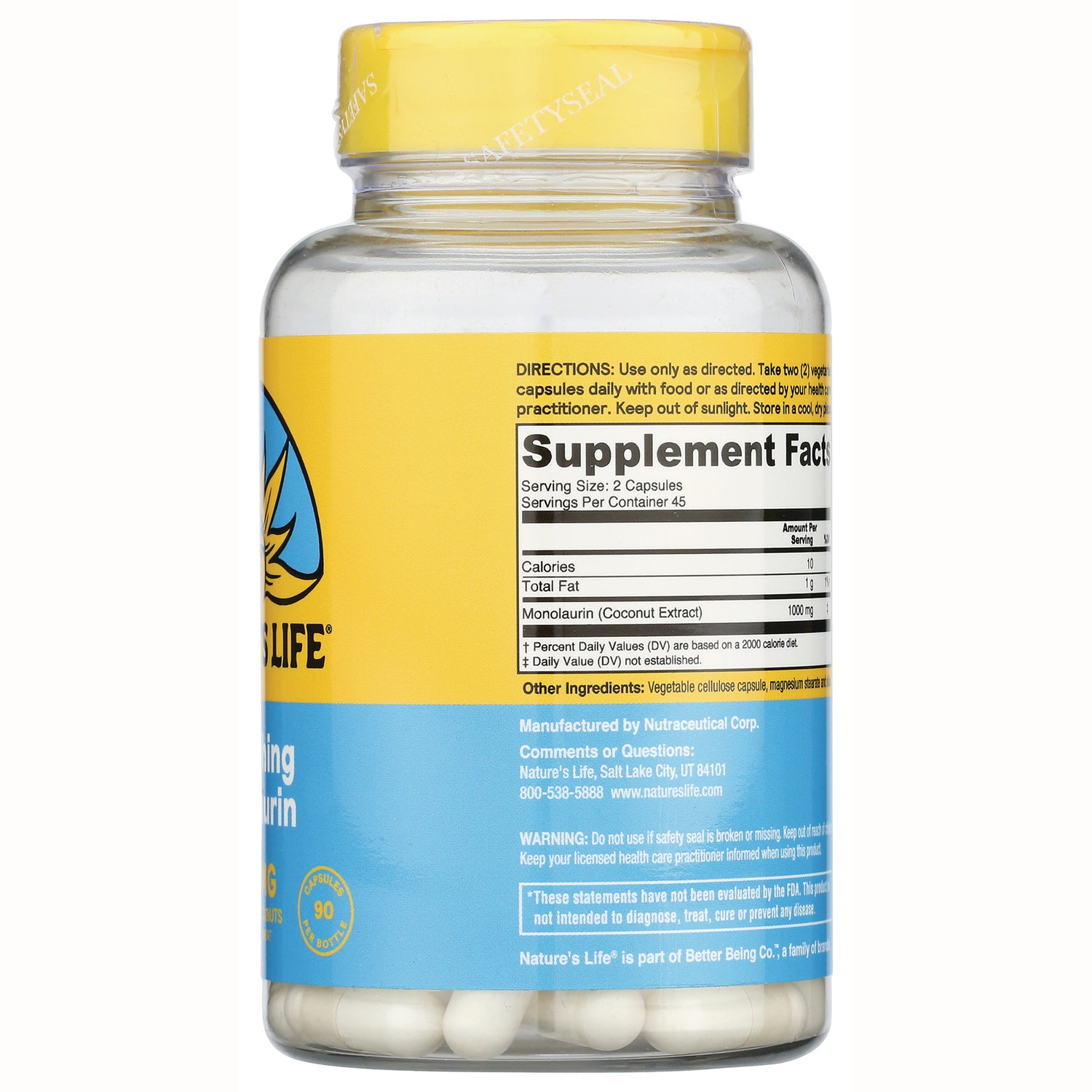 HS059 | Back of yellow and blue supplement bottle showing Supplement Facts panel and white capsules visible