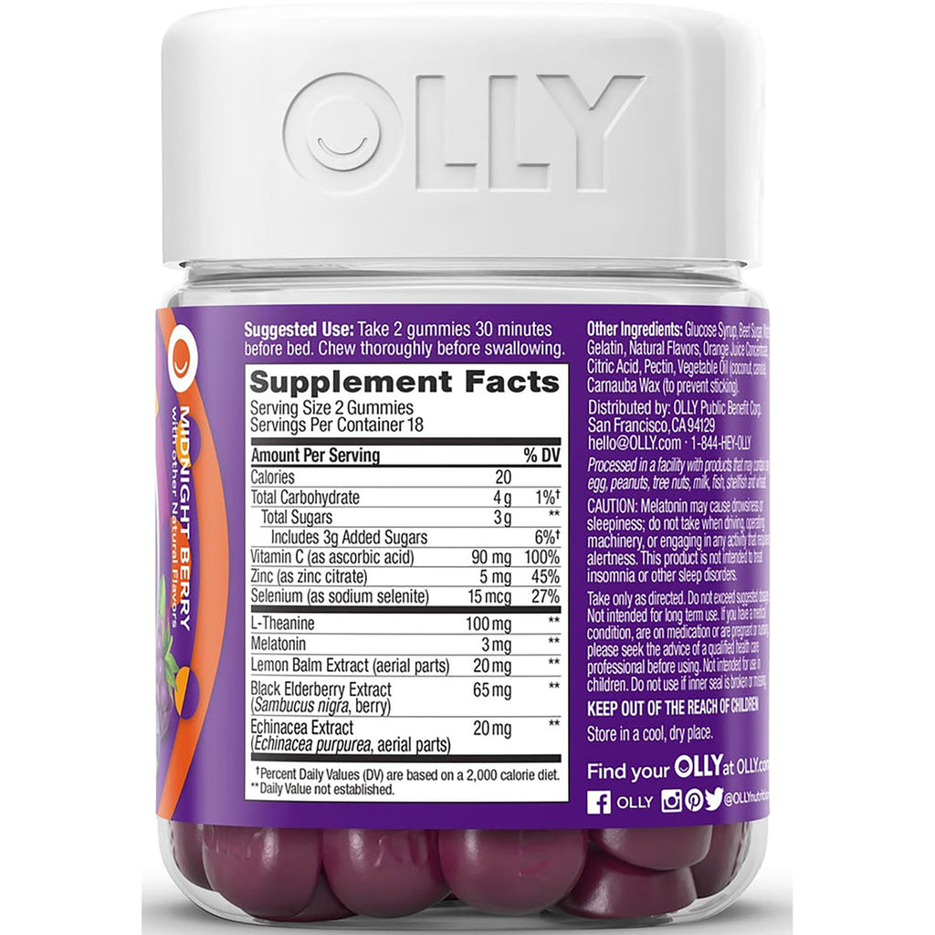 OLY006 | back label showing Supplement Facts, ingredient list, and suggested use for Midnight Berry gummies - Thumbnail