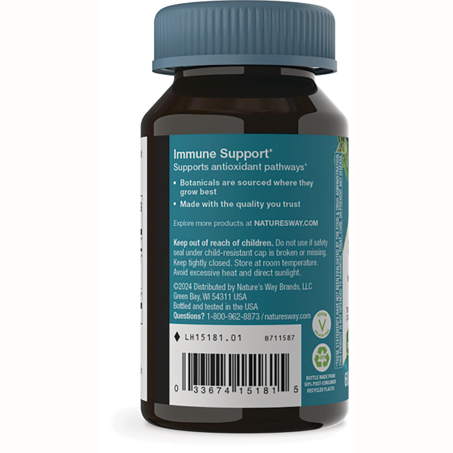NW630 | Back label of supplement bottle showing Immune Support heading, warnings, barcode and lot info
