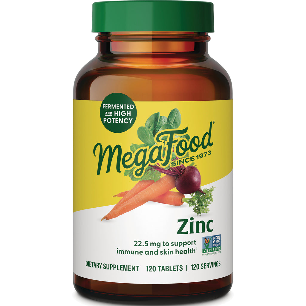 MGF112 | MegaFood Zinc supplement bottle front label with carrots and beet and 22.5 mg to support immune and skin health - Thumbnail