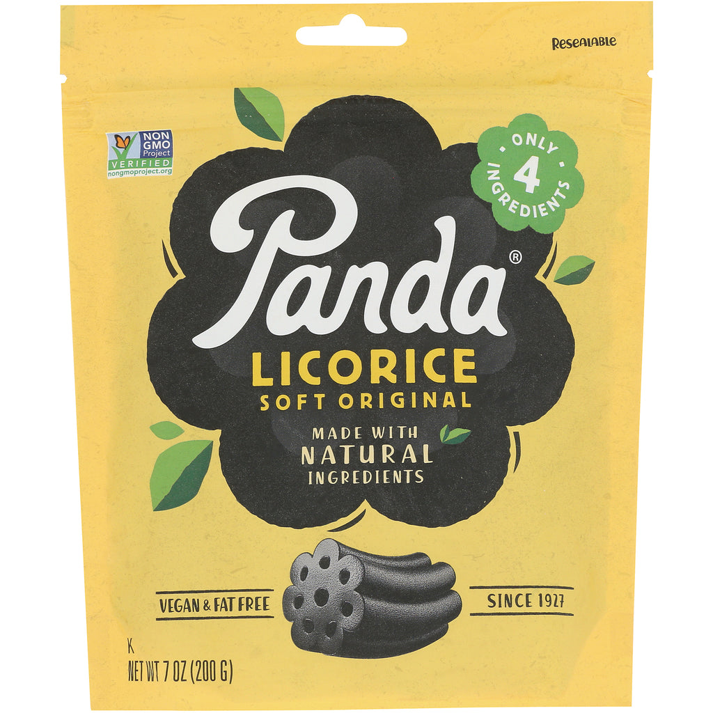 PND001 | Panda Licorice Soft Original yellow resealable pouch front showing brand name, licorice pieces and text made with natural ingredients - Thumbnail