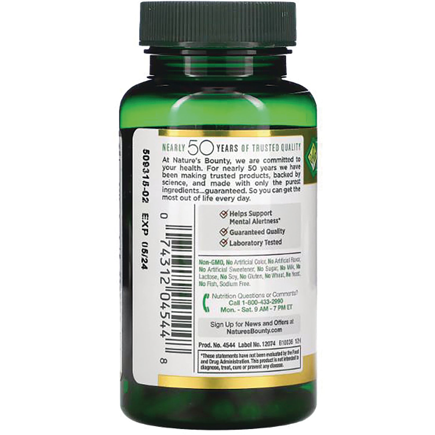 NBY037 | back label of green supplement bottle showing barcode, product details, and contact information