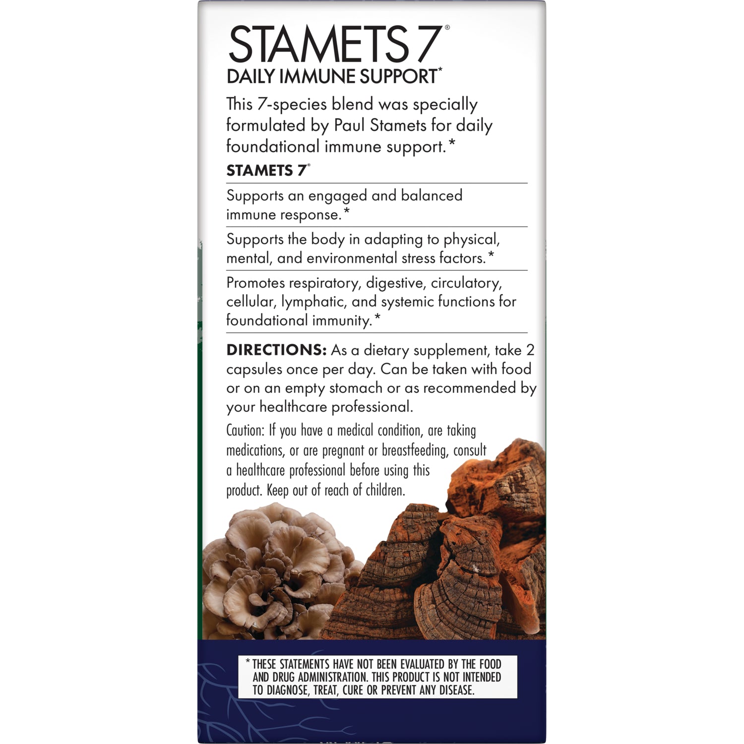 FUN005 | Back of STAMETS 7 supplement box showing directions, cautions, product claims, and mushroom images