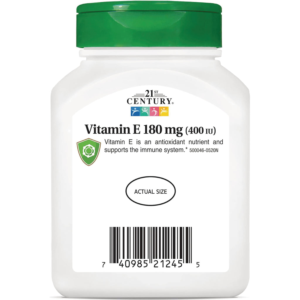 CNT186 | 21st Century bottle label reading Vitamin E 180 mg (400 IU), actual size oval and barcode - Thumbnail