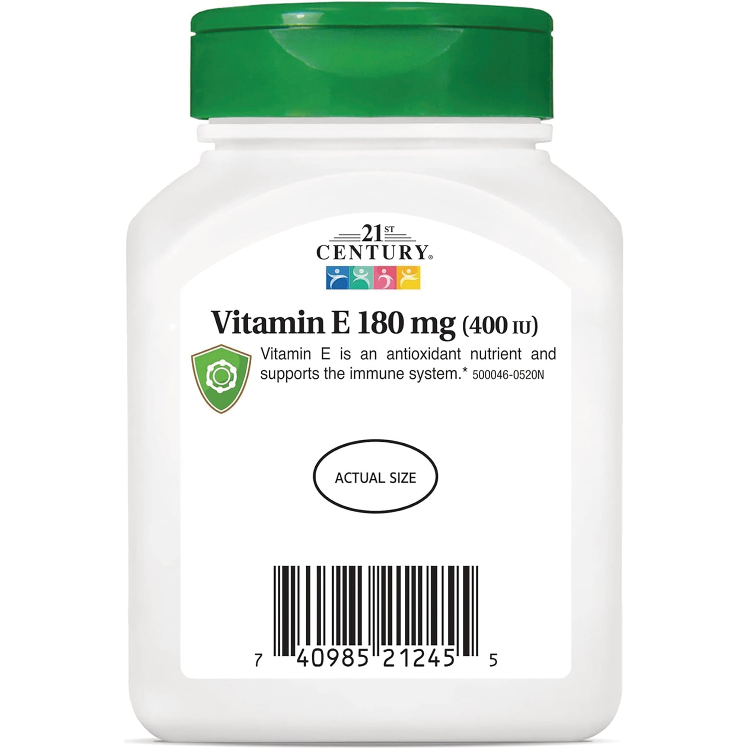 CNT186 | 21st Century bottle label reading Vitamin E 180 mg (400 IU), actual size oval and barcode
