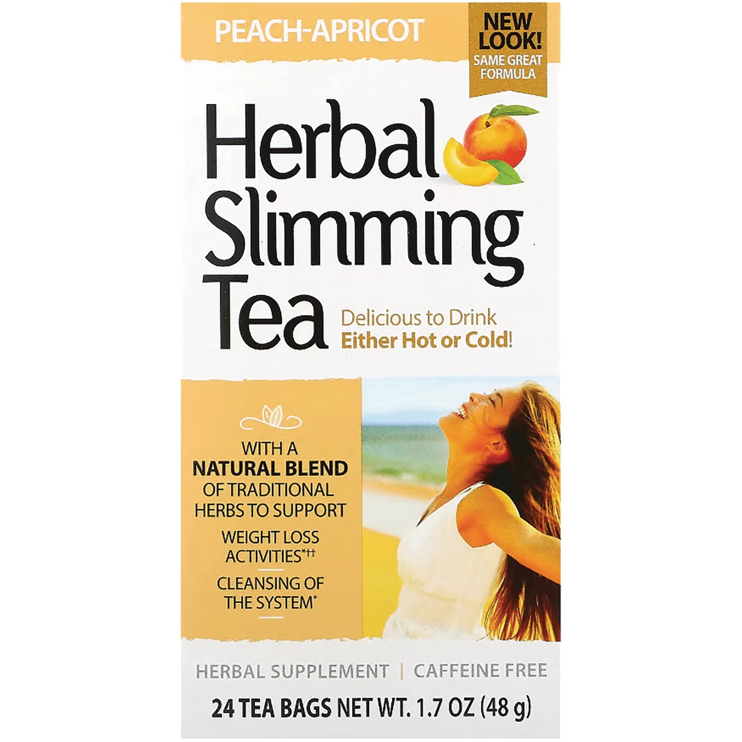 CNT152 | Herbal Slimming Tea peach-apricot box front with woman on beach, 24 tea bags, caffeine free