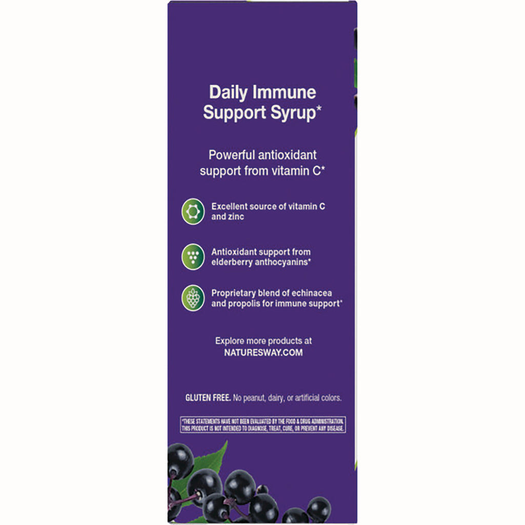 NW665 | Purple box back listing Daily Immune Support Syrup benefits: vitamin C, zinc, elderberry, echinacea - Thumbnail