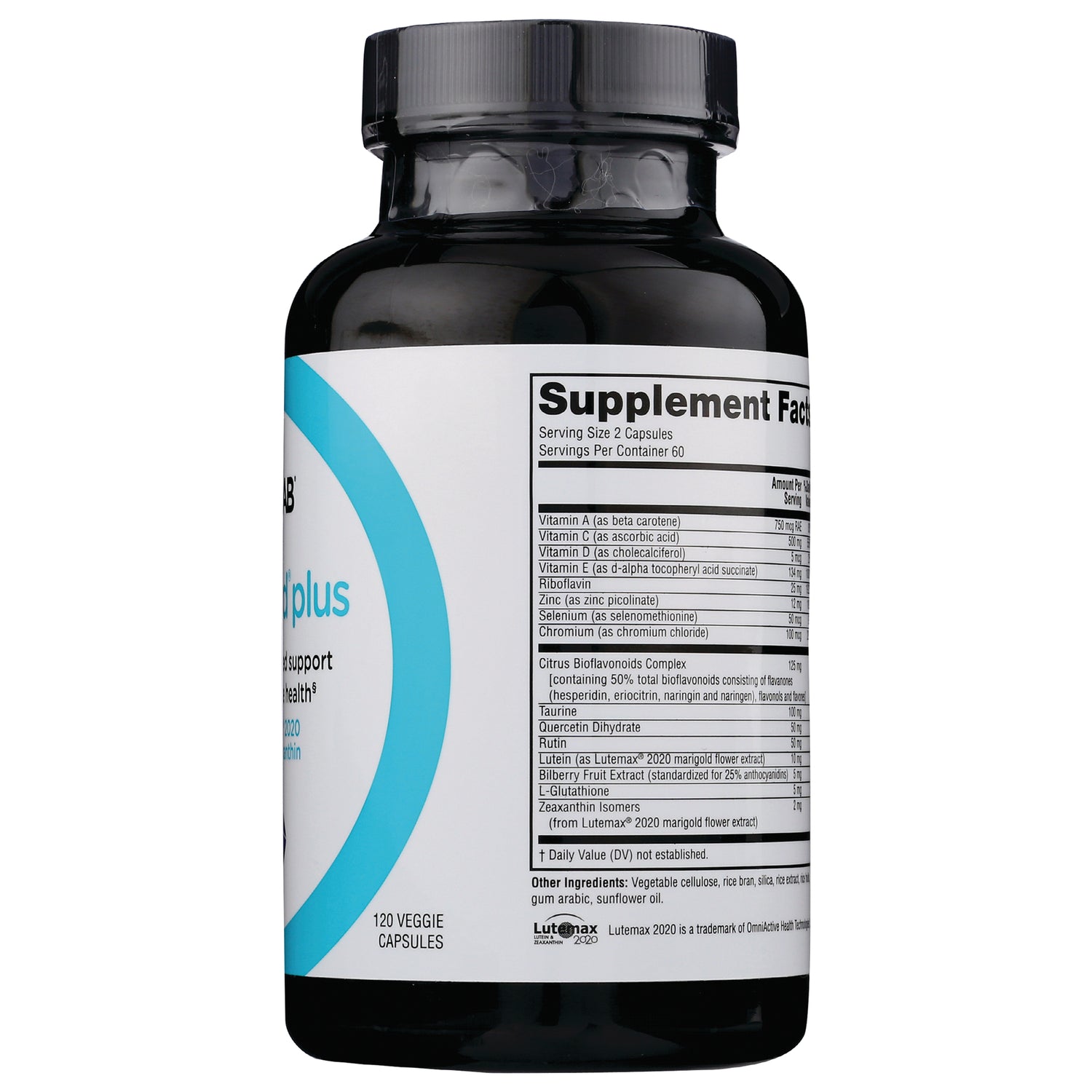 TL884 | Back of supplement bottle with Supplement Facts panel, ingredients, and 120 veggie capsules