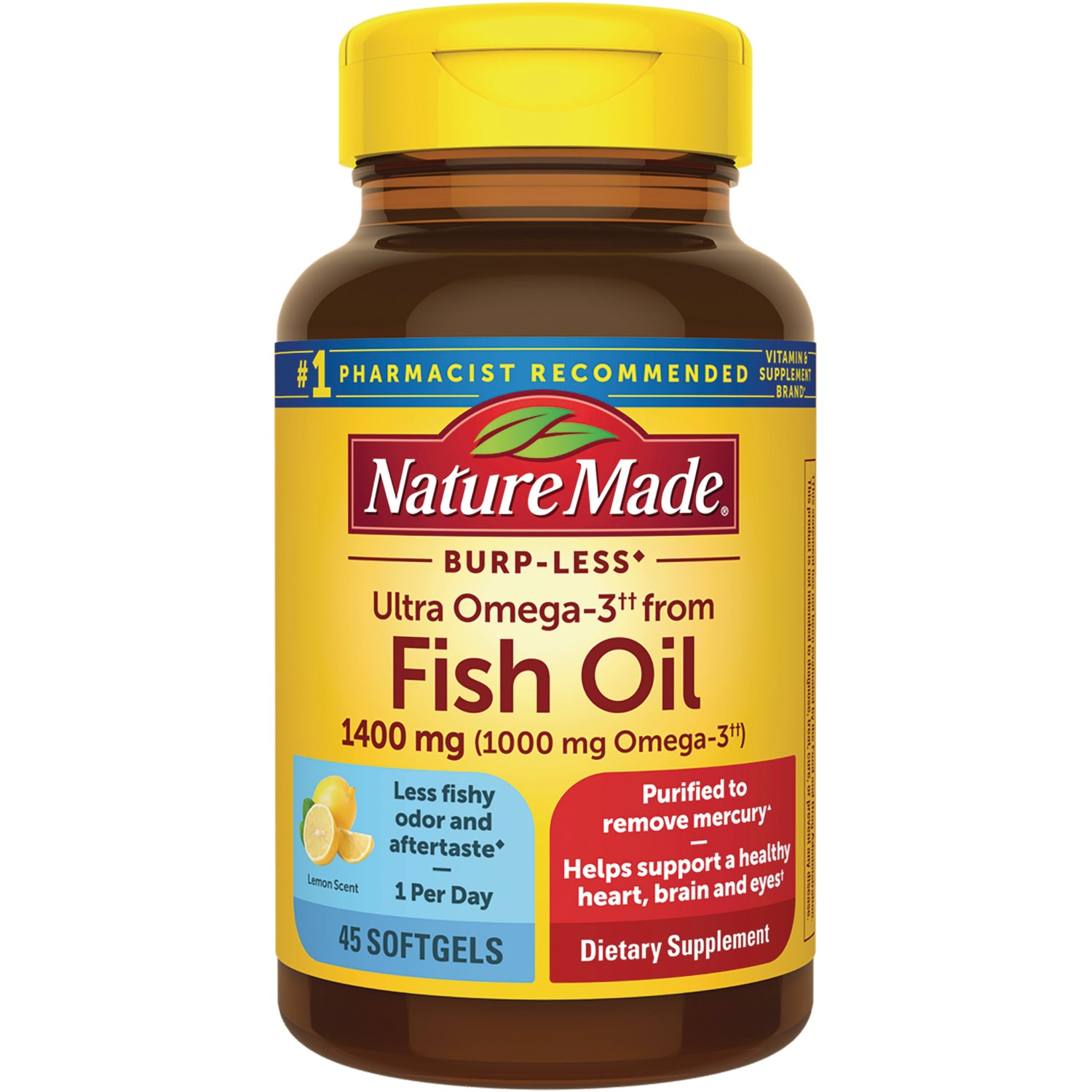 NTM145 | Nature Made Fish Oil 1400 mg bottle, 45 softgels, lemon scent, burp-less dietary supplement