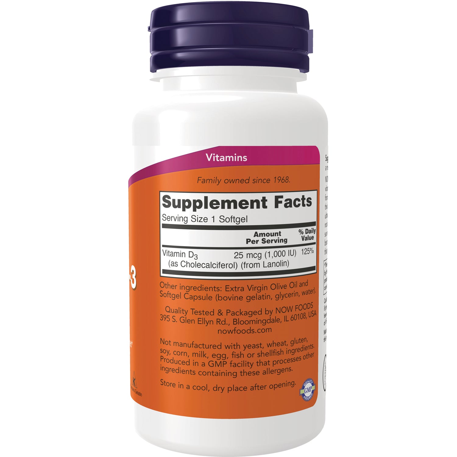 NWF107 | Back of white supplement bottle showing Supplement Facts for Vitamin D3, serving size 1 softgel and ingredients