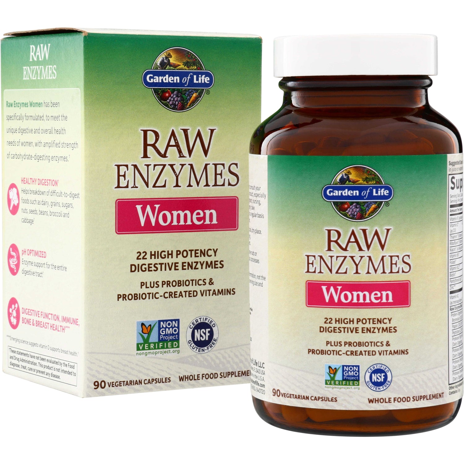 GLF126 | Garden of Life Raw Enzymes Women, 90 vegetarian capsules, box and bottle front