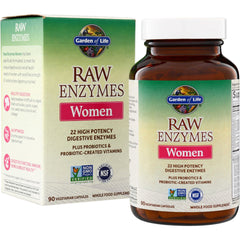 GLF126 | Garden of Life Raw Enzymes Women, 90 vegetarian capsules, box and bottle front