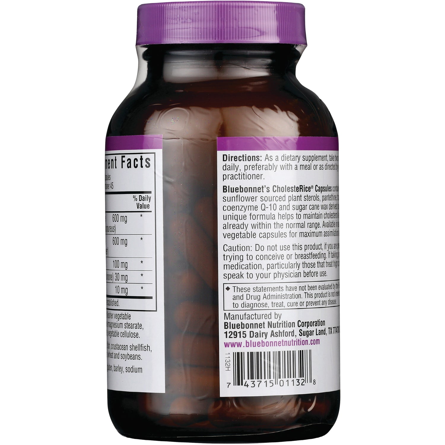 BLU070 | Back label showing directions, supplement facts and barcode on brown bottle with purple cap