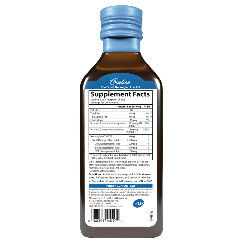 CSN331 | Back label of Carlson fish oil bottle showing Supplement Facts panel, ingredients, and directions - Thumbnail