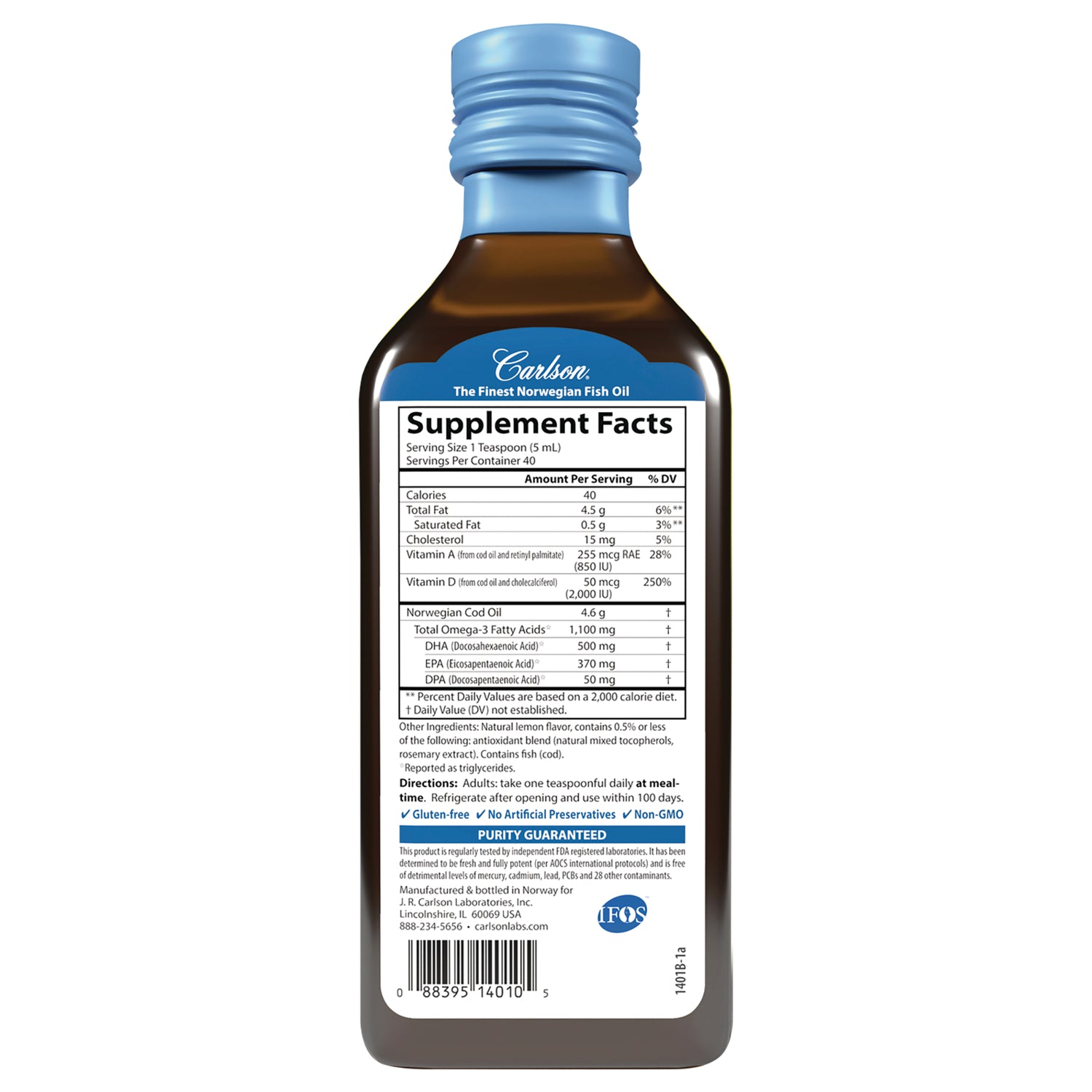 CSN331 | Back label of Carlson fish oil bottle showing Supplement Facts panel, ingredients, and directions