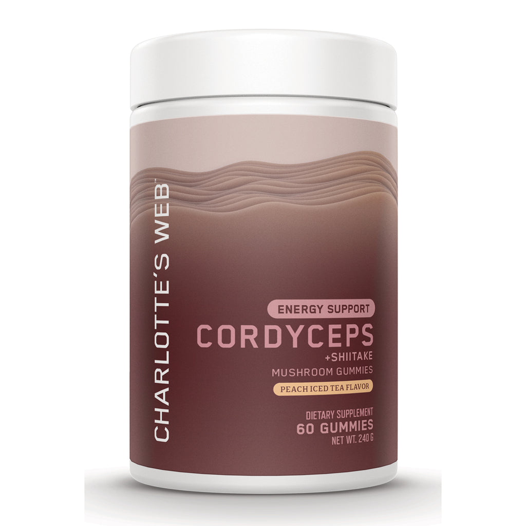 CHW047 | Charlotte's Web Cordyceps mushroom gummies jar, front label showing peach iced tea flavor and 60 gummies - Thumbnail