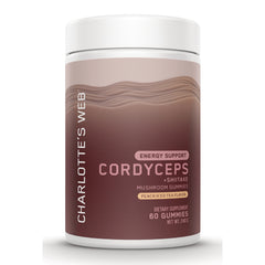 CHW047 | Charlotte's Web Cordyceps mushroom gummies jar, front label showing peach iced tea flavor and 60 gummies