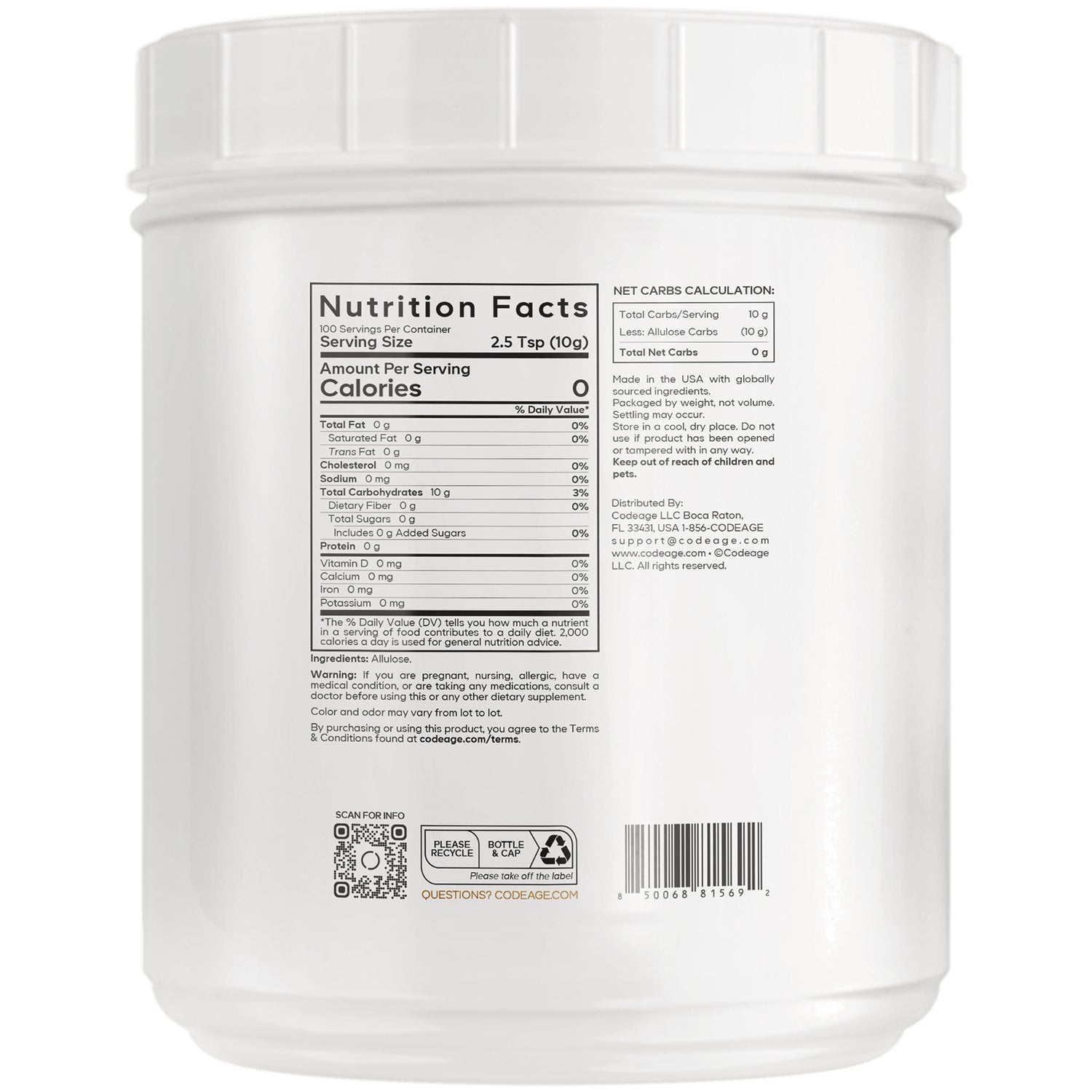 CDG070 | Nutrition Facts label on back of white supplement tub, serving size 2.5 Tsp (10g), net carbs calculation, barcode