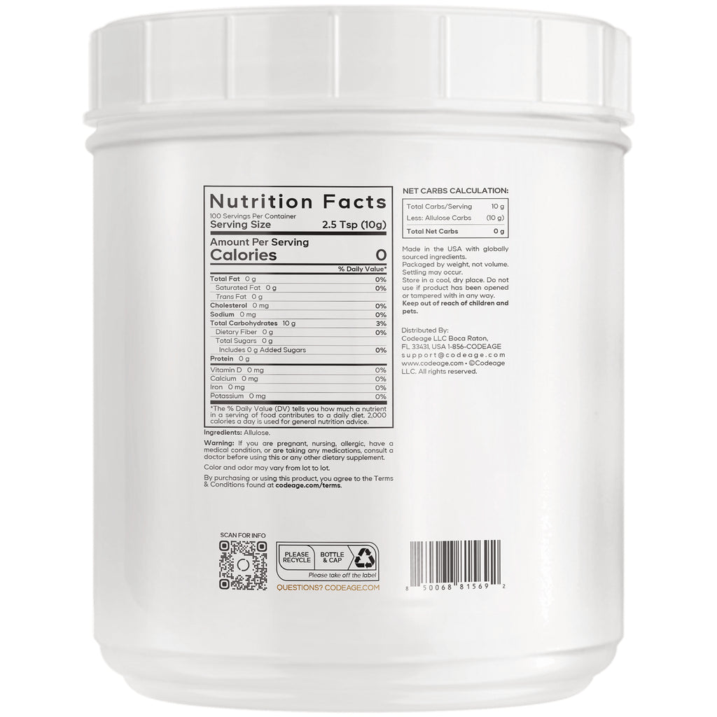 CDG070 | Nutrition Facts label on back of white supplement tub, serving size 2.5 Tsp (10g), net carbs calculation, barcode - Thumbnail