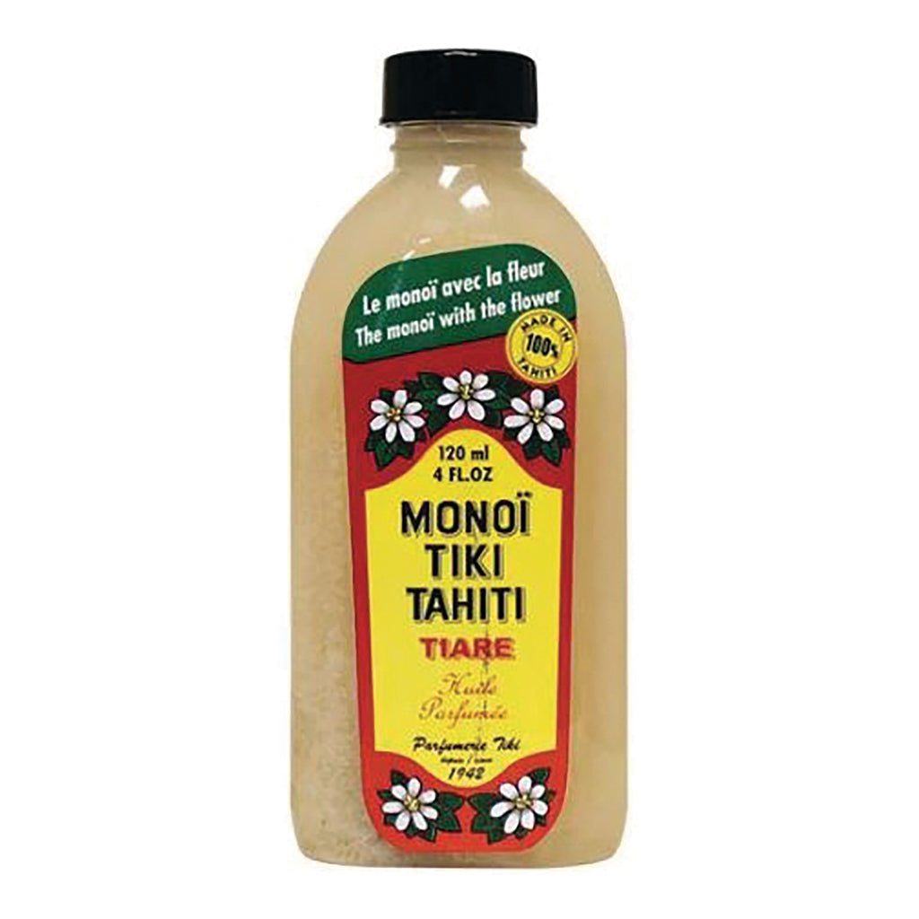 MON001 | Bottle of Monoi Tiki Tahiti Tiare oil 120 ml with yellow label and black cap - Thumbnail