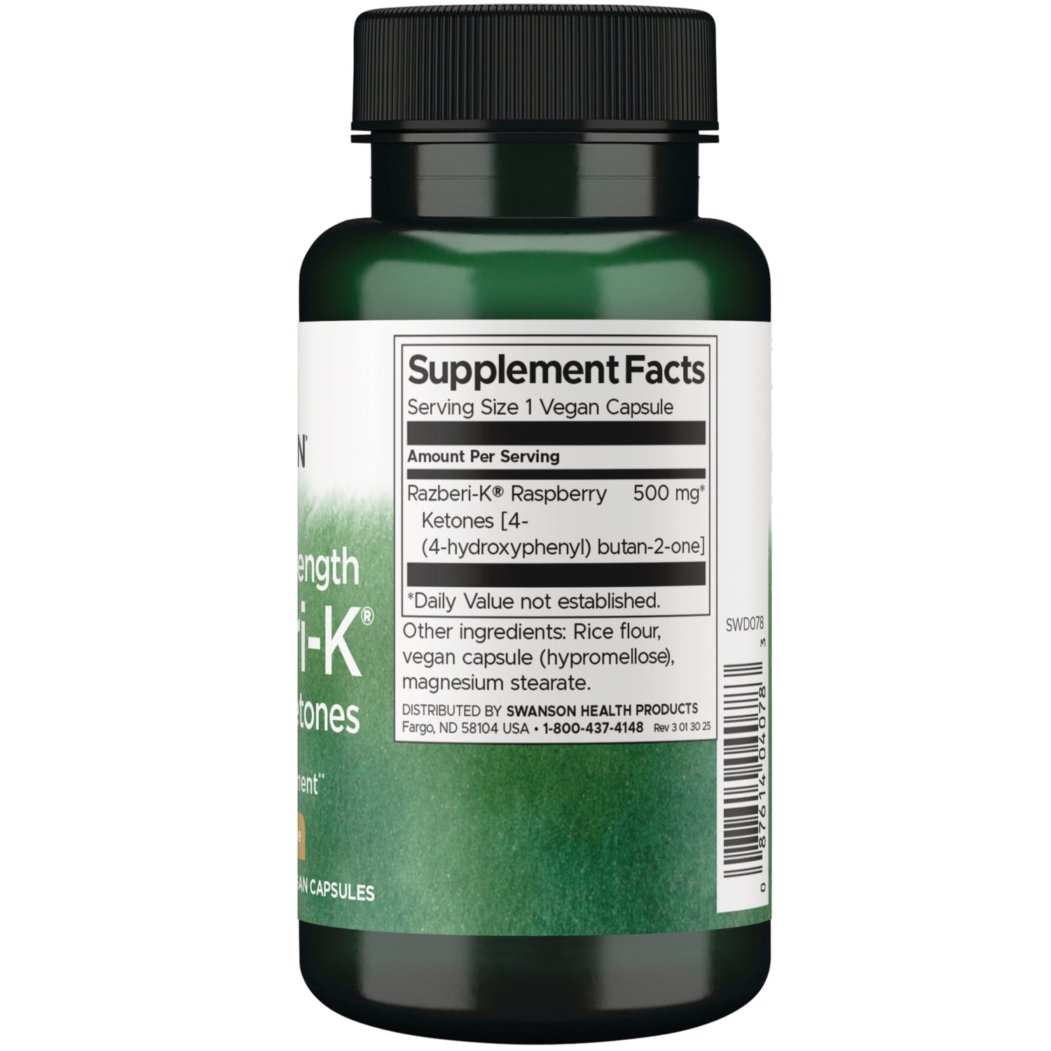 SWD078 | Back label with Supplement Facts showing Razberi-K Raspberry Ketones 500 mg and other ingredients