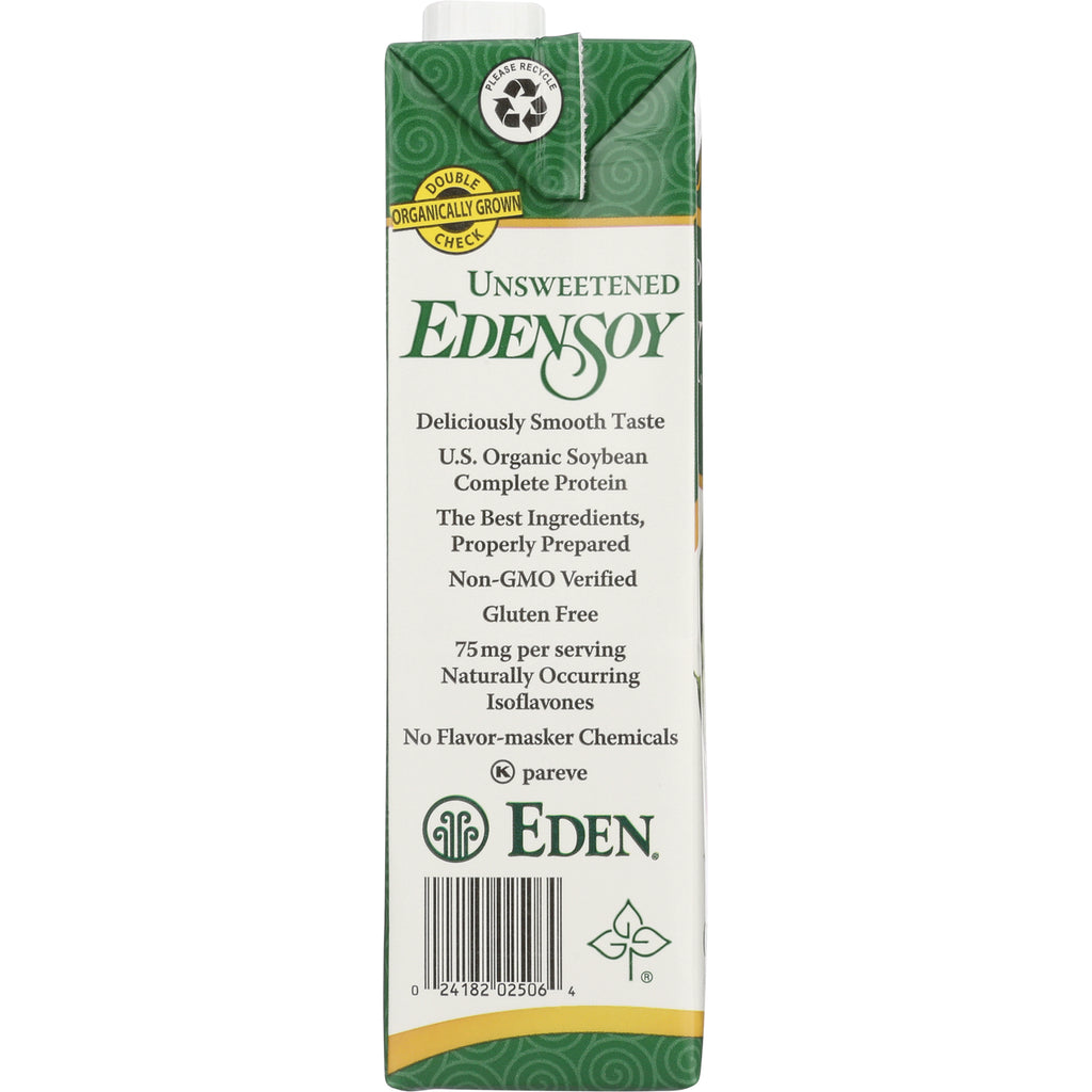 EDF061 | side panel of Unsweetened EDENSOY carton listing U.S. organic soybean, Non-GMO verified, gluten free, 75 mg isoflavones, barcode - Thumbnail