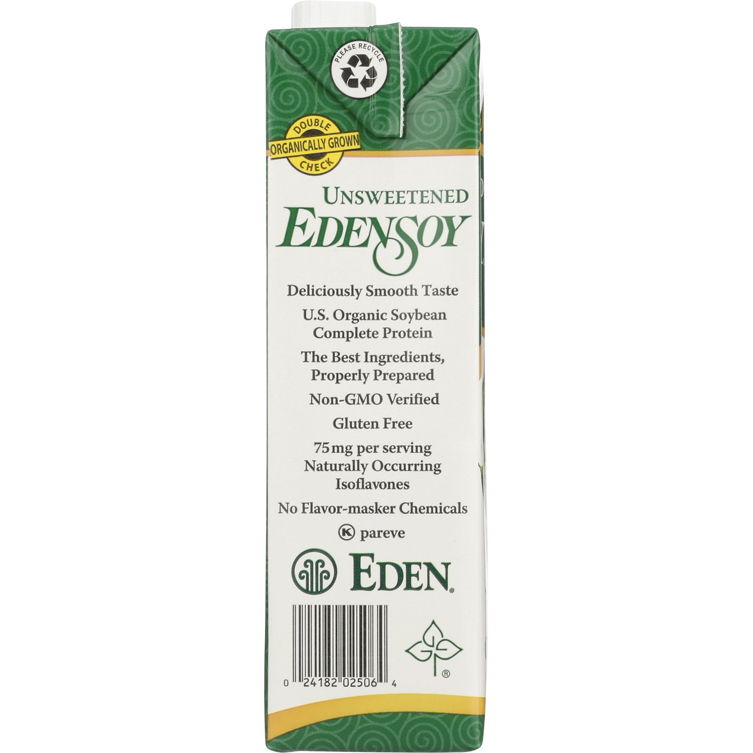 EDF061 | side panel of Unsweetened EDENSOY carton listing U.S. organic soybean, Non-GMO verified, gluten free, 75 mg isoflavones, barcode