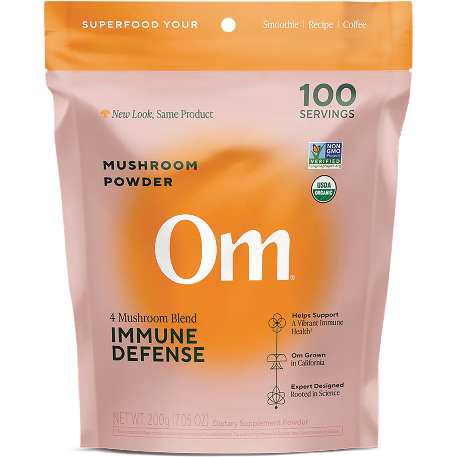 MMX044 | Om Immune certified organic mushroom powder pouch labeled IMMUNE and CERTIFIED ORGANIC MUSHROOM POWDER, 200 g