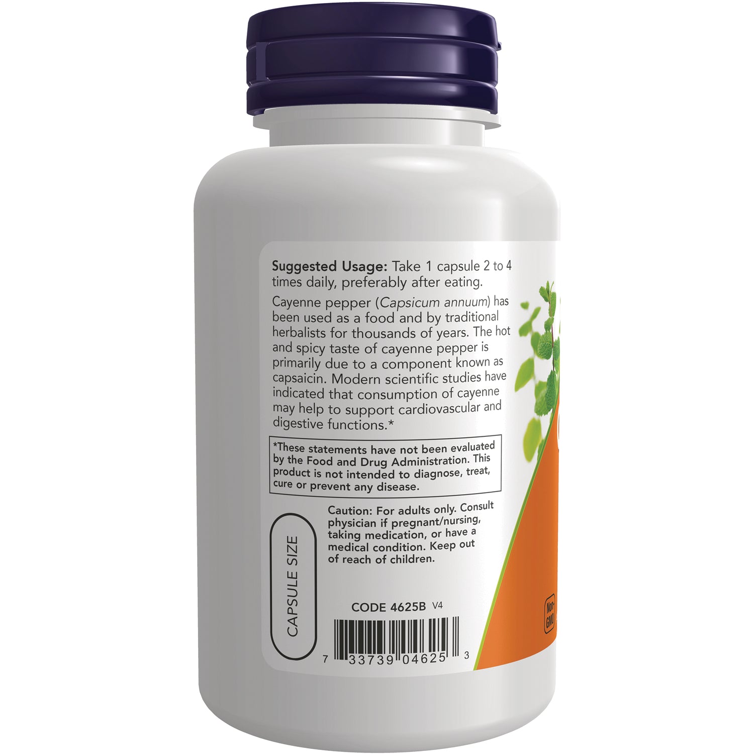 NWF534 | Back of white supplement bottle showing suggested usage, caution text, capsule size label and barcode