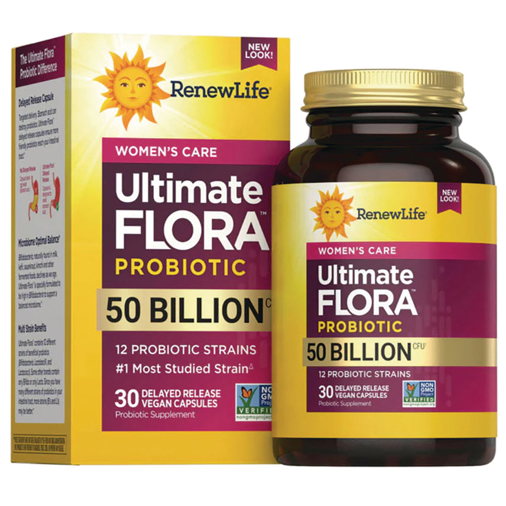 RNL234 | RenewLife Ultimate Flora probiotic 50 billion CFU women's care box and bottle, 30 delayed-release vegan capsules - Thumbnail