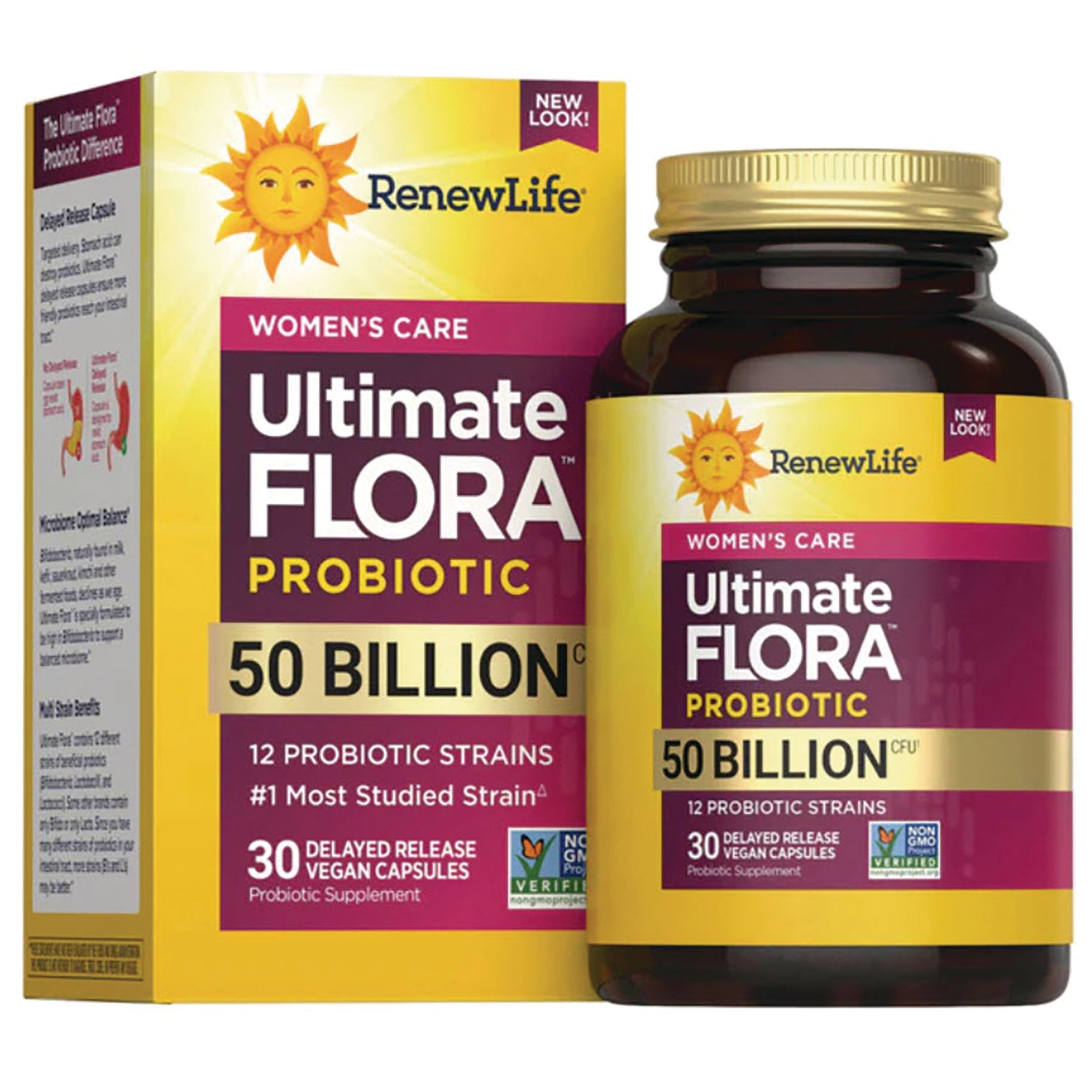 RNL234 | RenewLife Ultimate Flora probiotic 50 billion CFU women's care box and bottle, 30 delayed-release vegan capsules