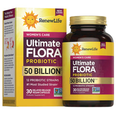 RNL234 | RenewLife Ultimate Flora probiotic 50 billion CFU women's care box and bottle, 30 delayed-release vegan capsules