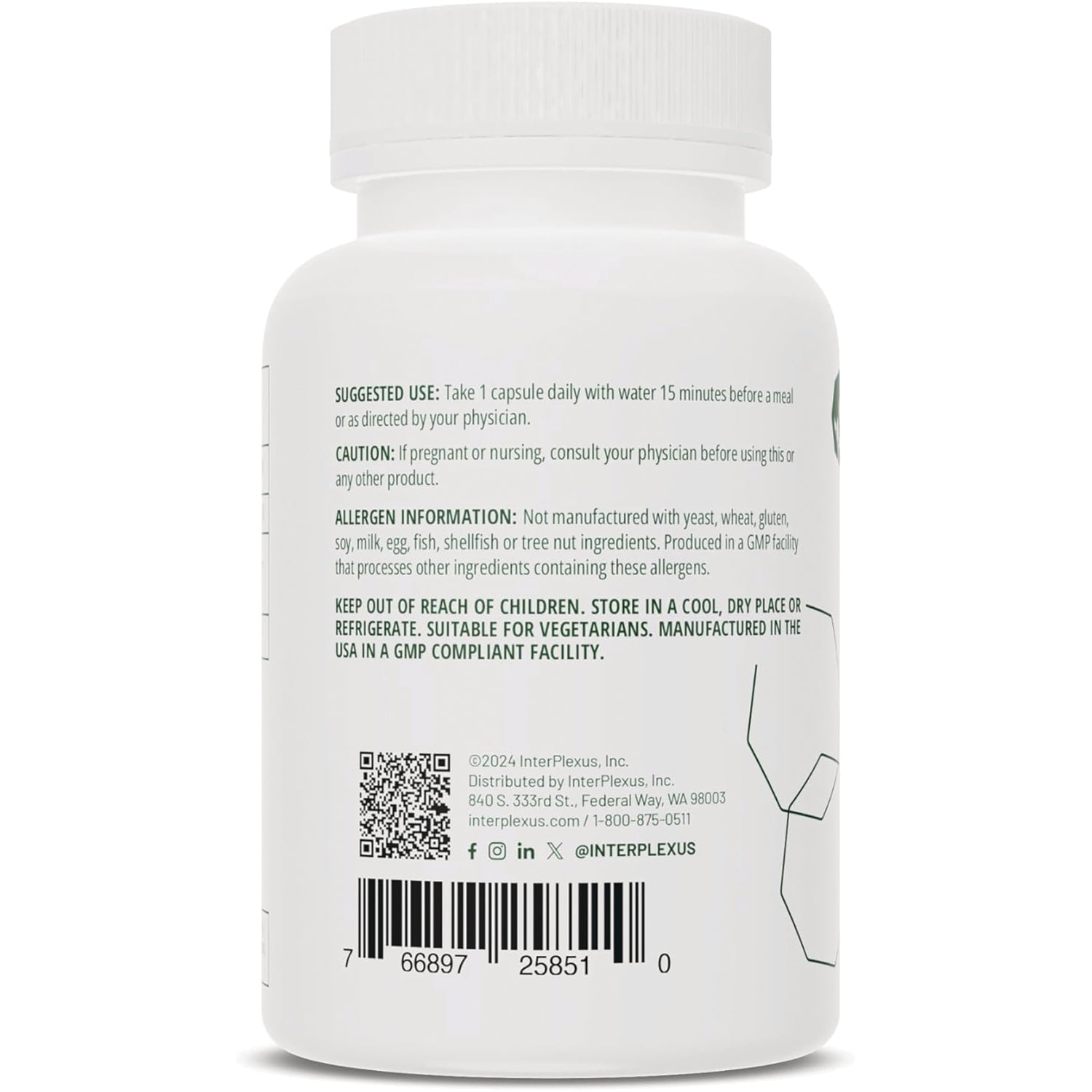 ITP001 | Back label of white supplement bottle showing suggested use, allergen information, QR code and barcode