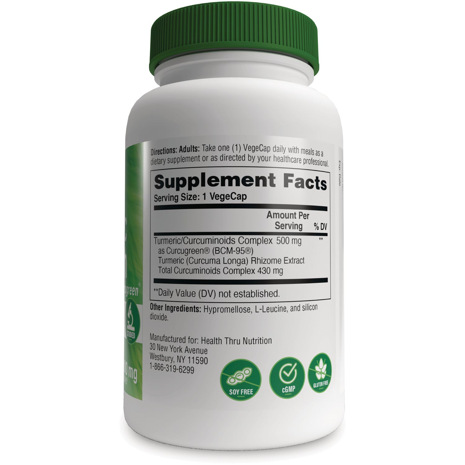 HTN013 | back label showing Supplement Facts panel, Serving Size 1 VegeCap and ingredient list for turmeric curcuminoids