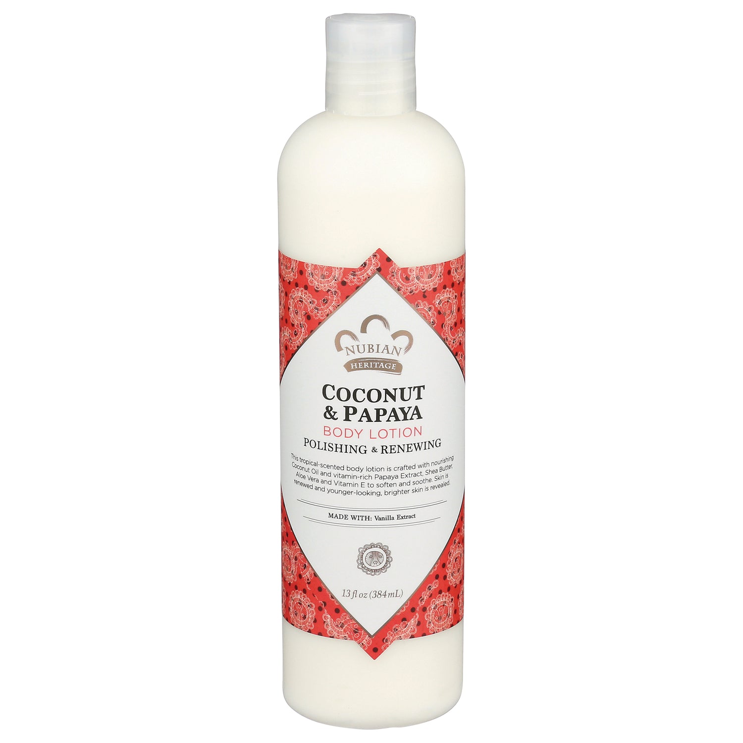 NBH050 | Nubian Heritage Coconut & Papaya body lotion 13 fl oz white bottle with red patterned label