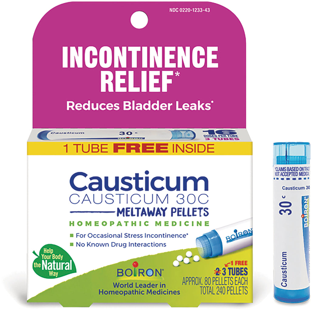 BRN126 | Causticum 30C meltaway pellets box and blue tube labeled Incontinence Relief, 3 tubes (1 free) approx 240 pellets - Thumbnail